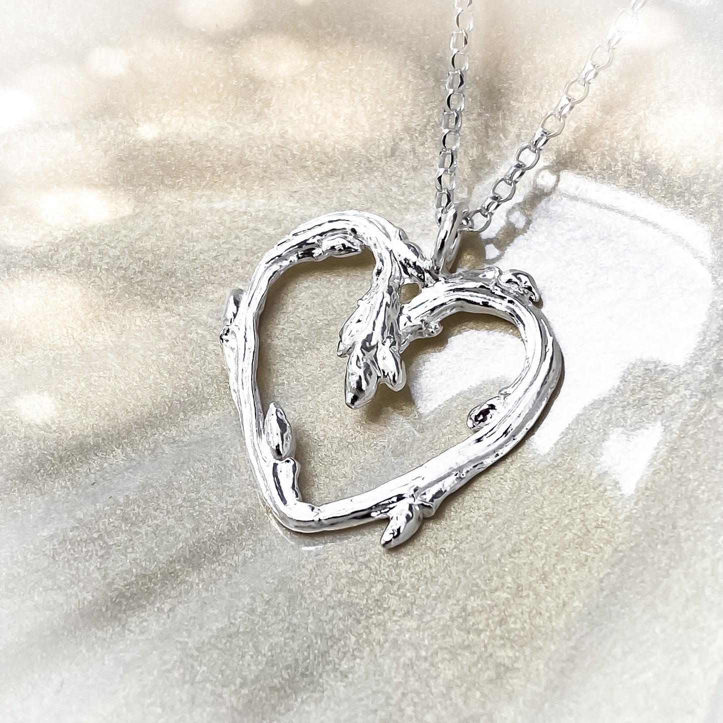 Silver Oak Twig Heart Necklace