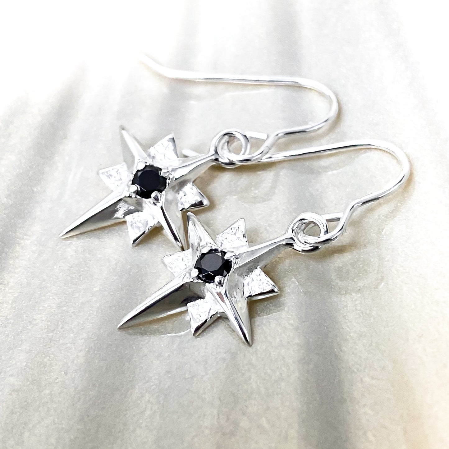 North Star Sterling Silver Earrings with Black Spinel