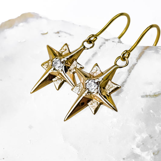 North Star Earrings with Moissanite - 9ct Yellow Gold