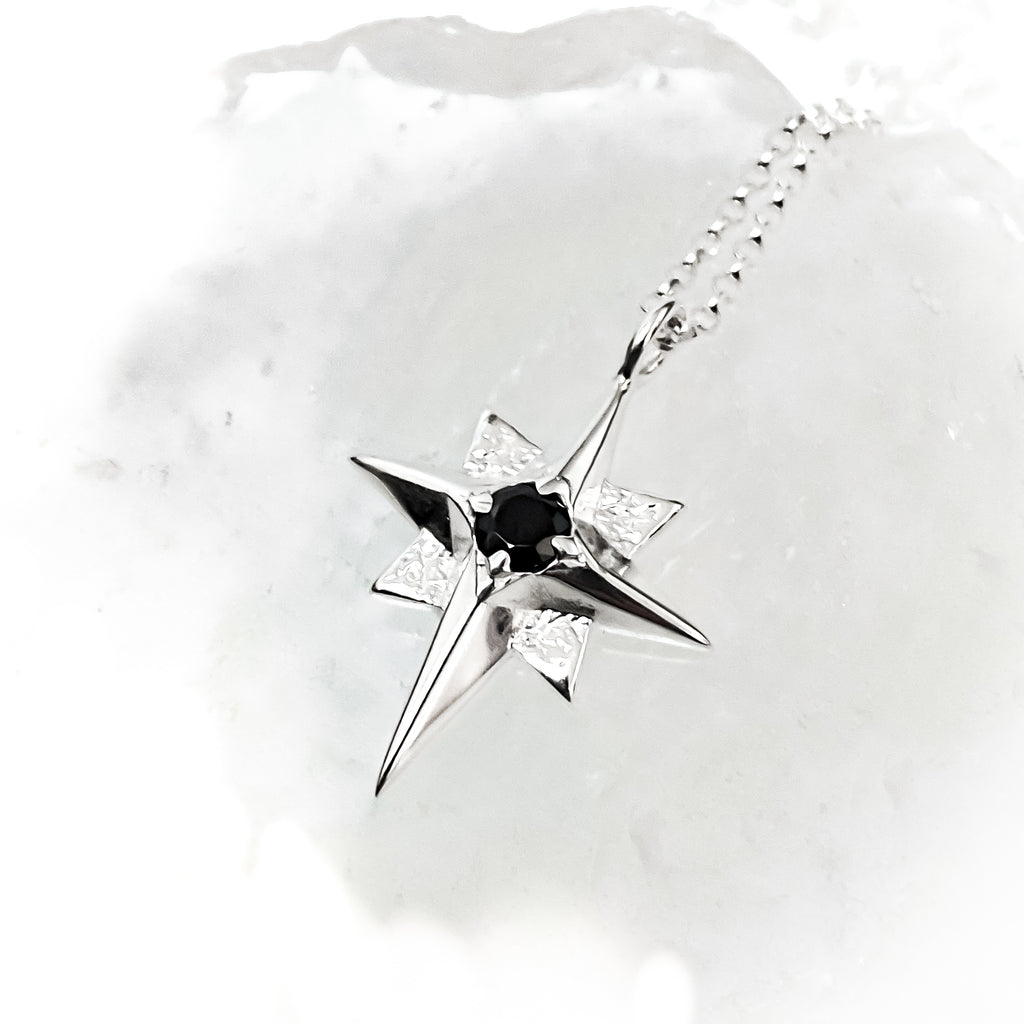 North Star Silver Pendant Necklace with Black Spinel