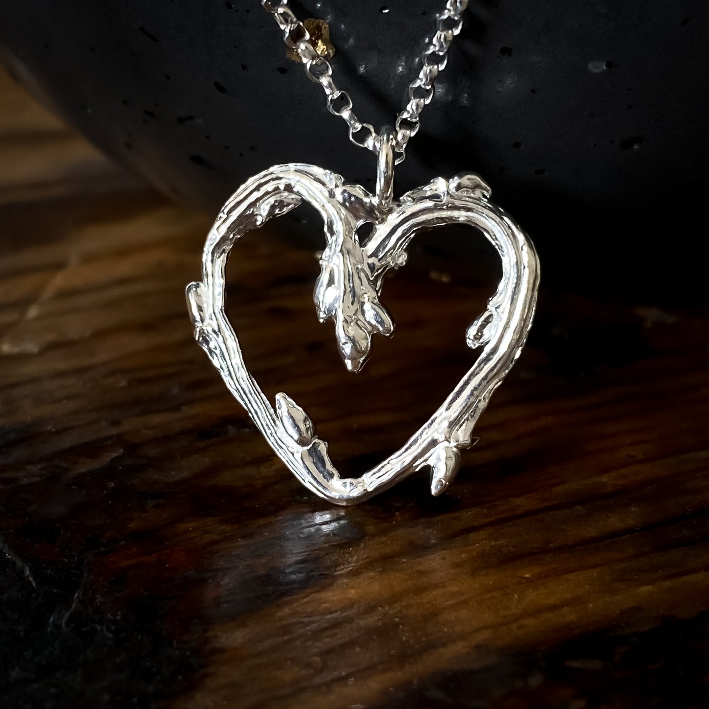 Silver Oak Twig Heart Necklace