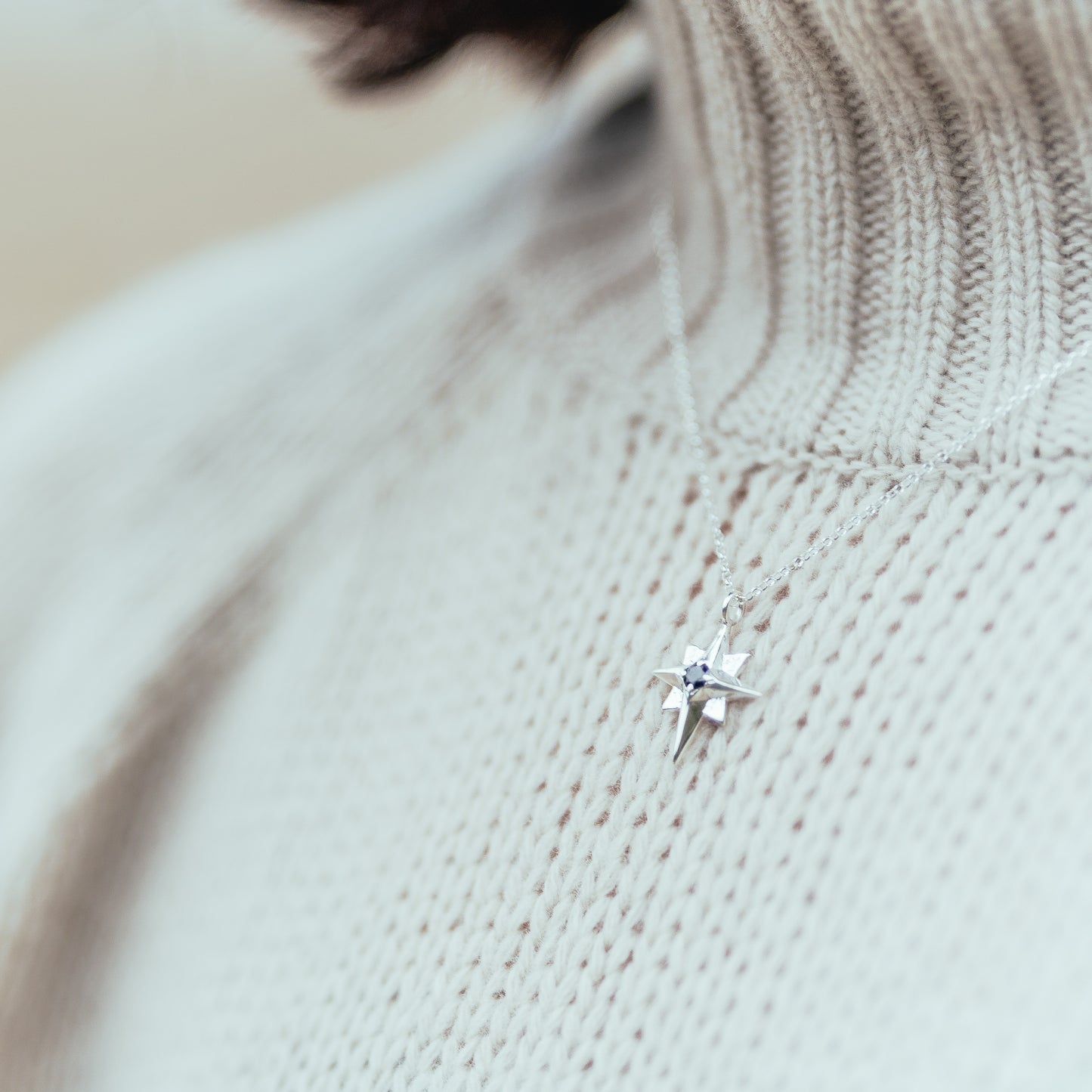 North Star Silver Pendant Necklace with Black Spinel