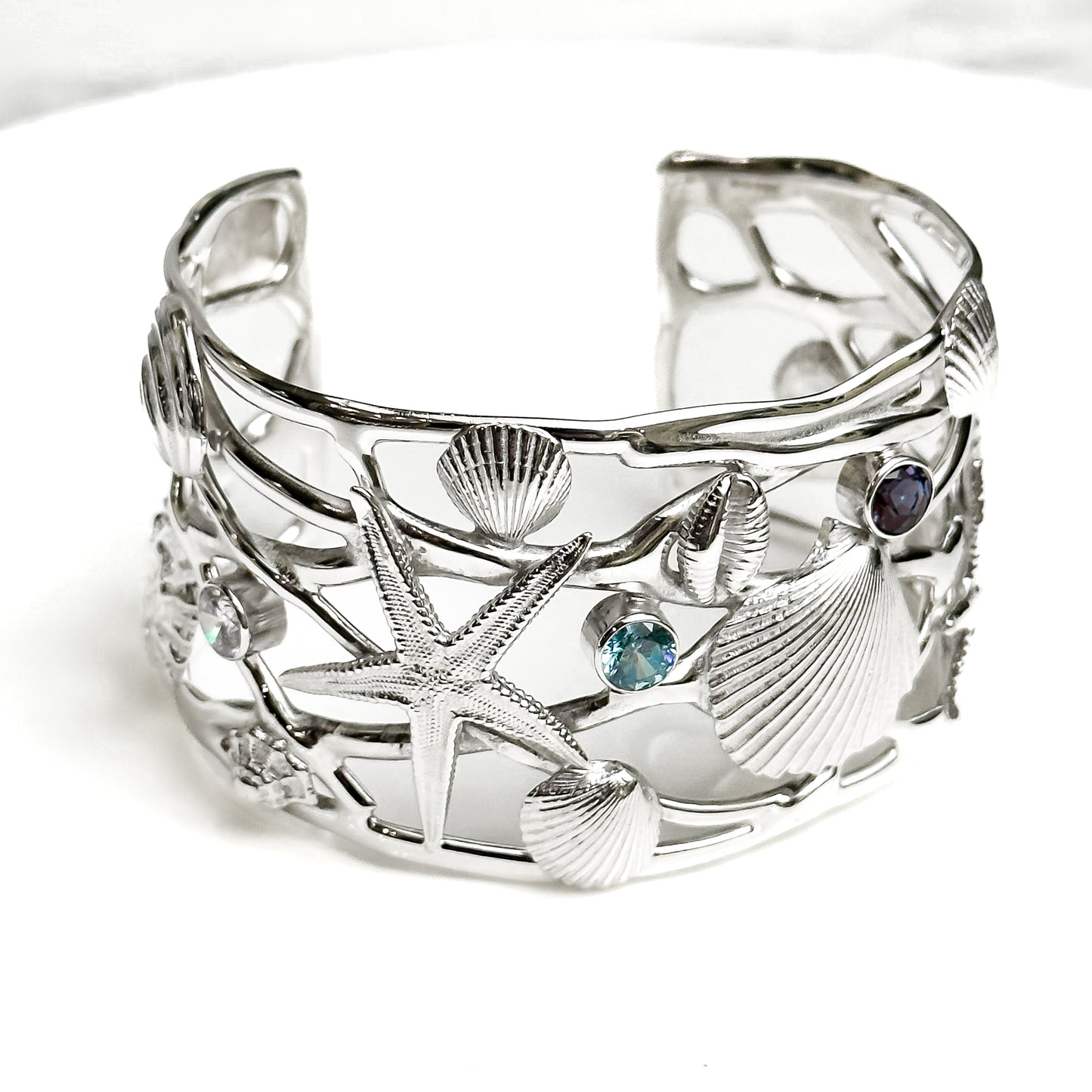 Ocean Wave Sterling Silver Shell and Gemstone Cuff Bangle