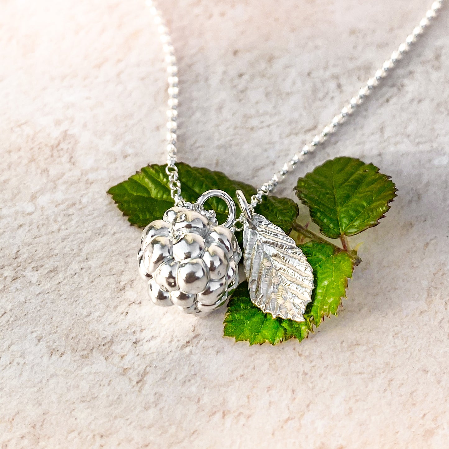 Sterling Silver Blackberry and Leaf Charm Necklace