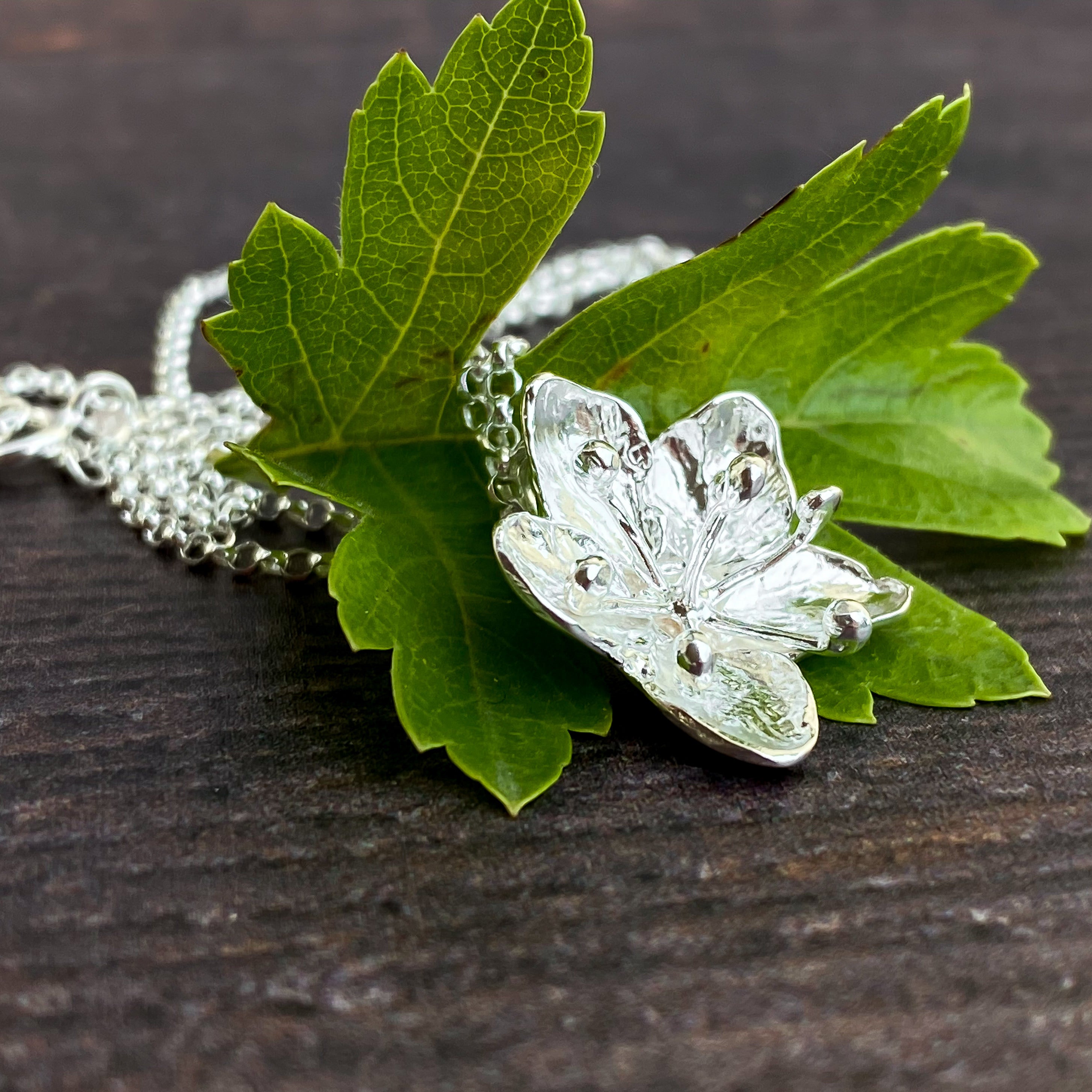 Hawthorn Flower Silver Pendant Necklace