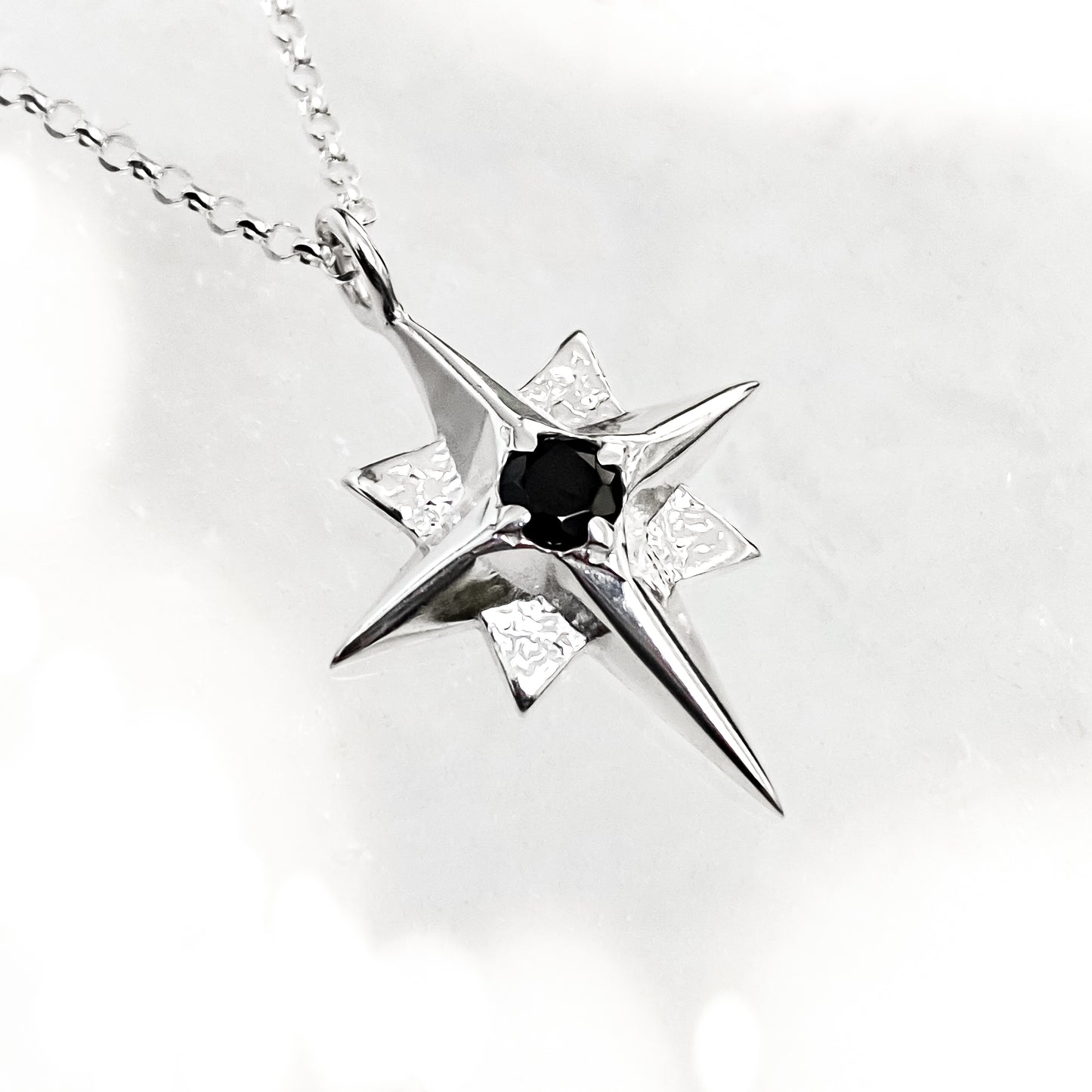 North Star Silver Pendant Necklace with Black Spinel