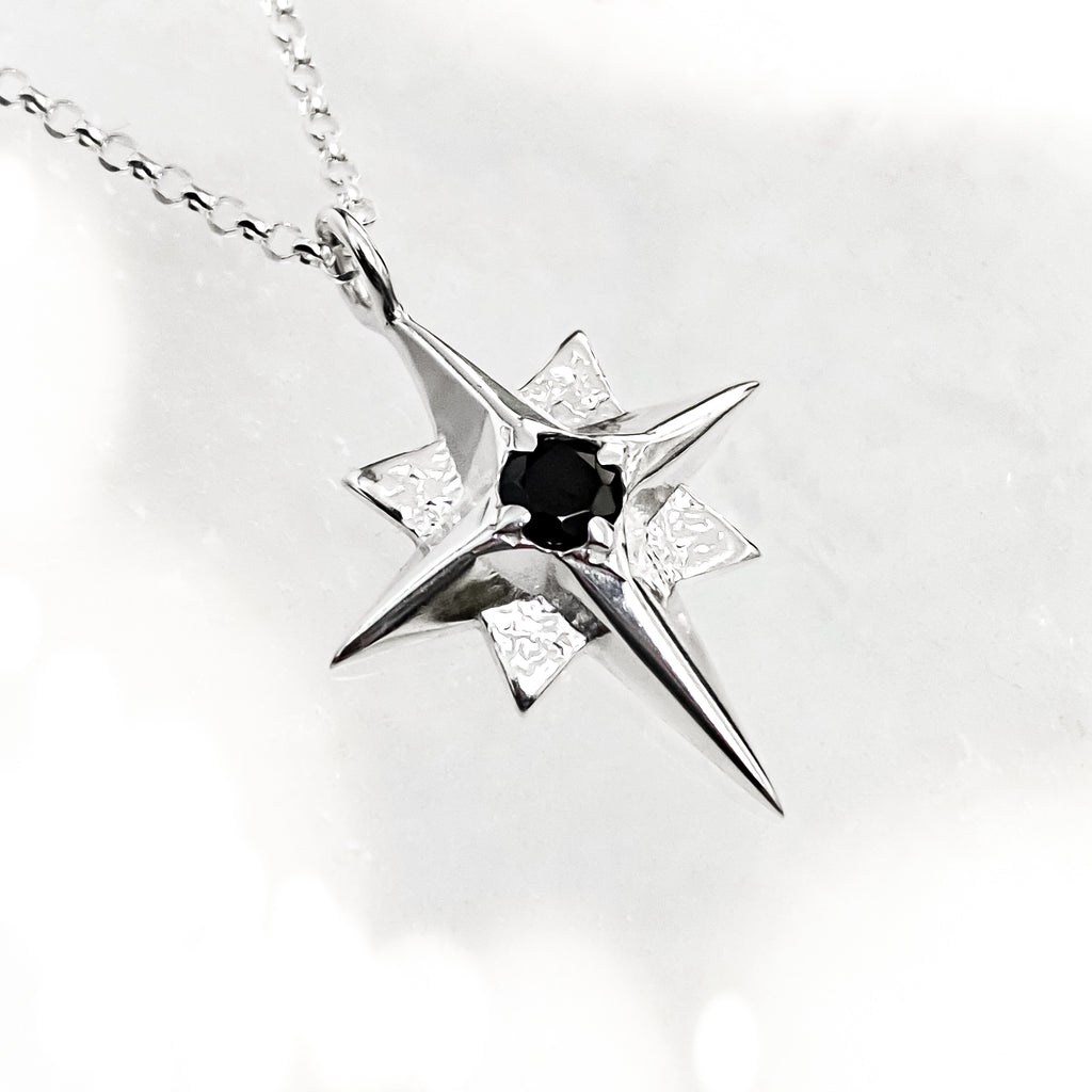 North Star Silver Pendant Necklace with Black Spinel