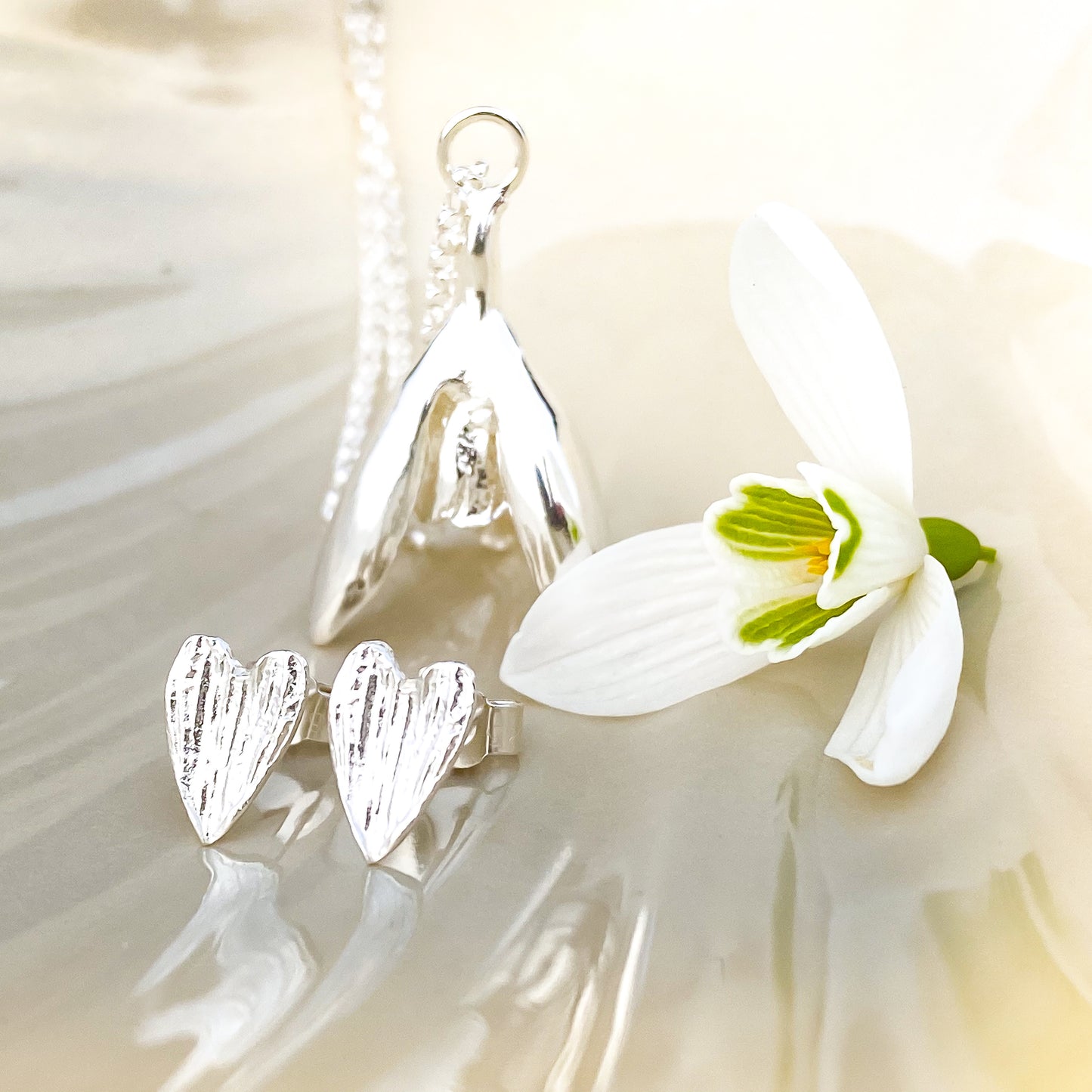 Silver Snowdrop Petal 'Heart' Earrings