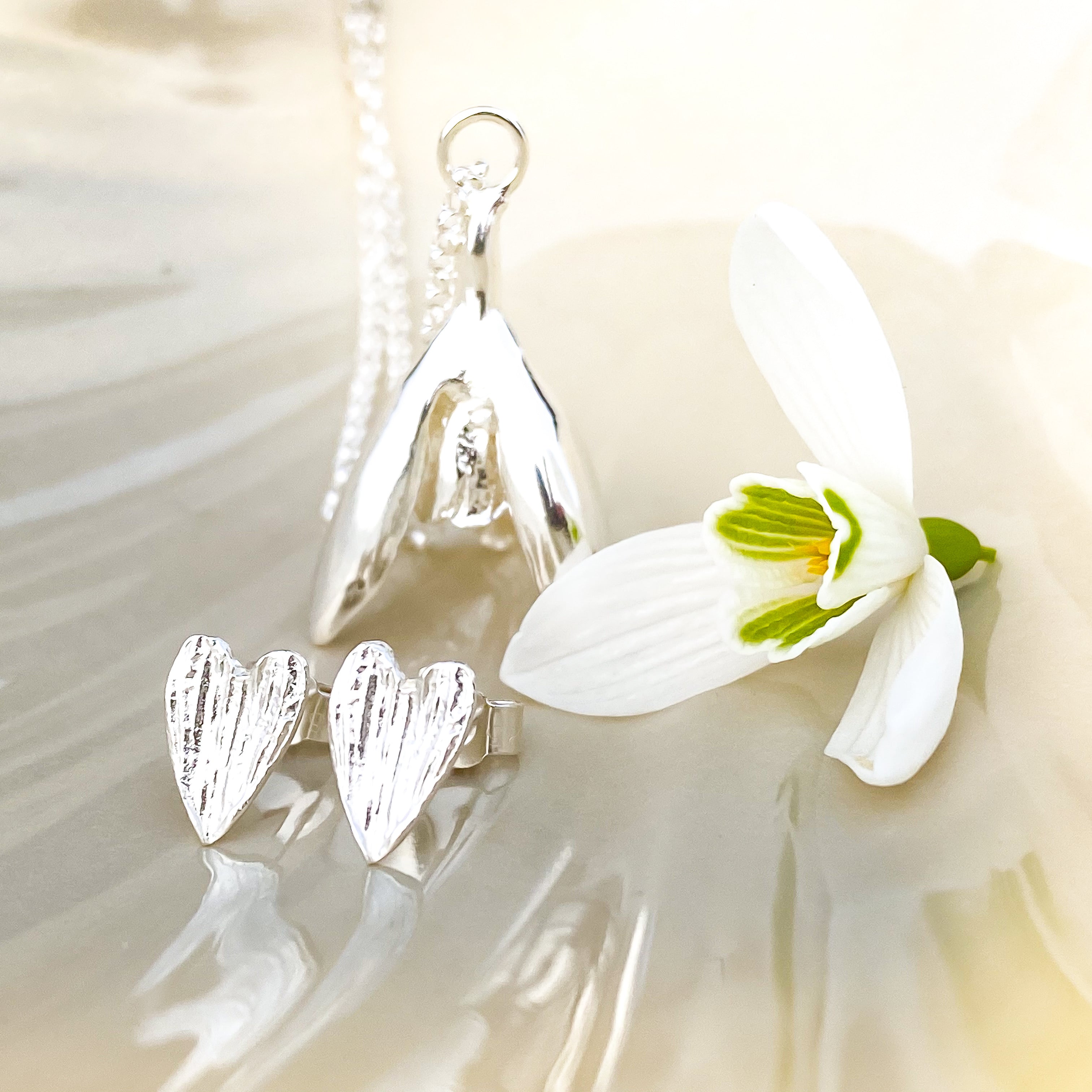 Silver Snowdrop Petal 'Heart' Earrings
