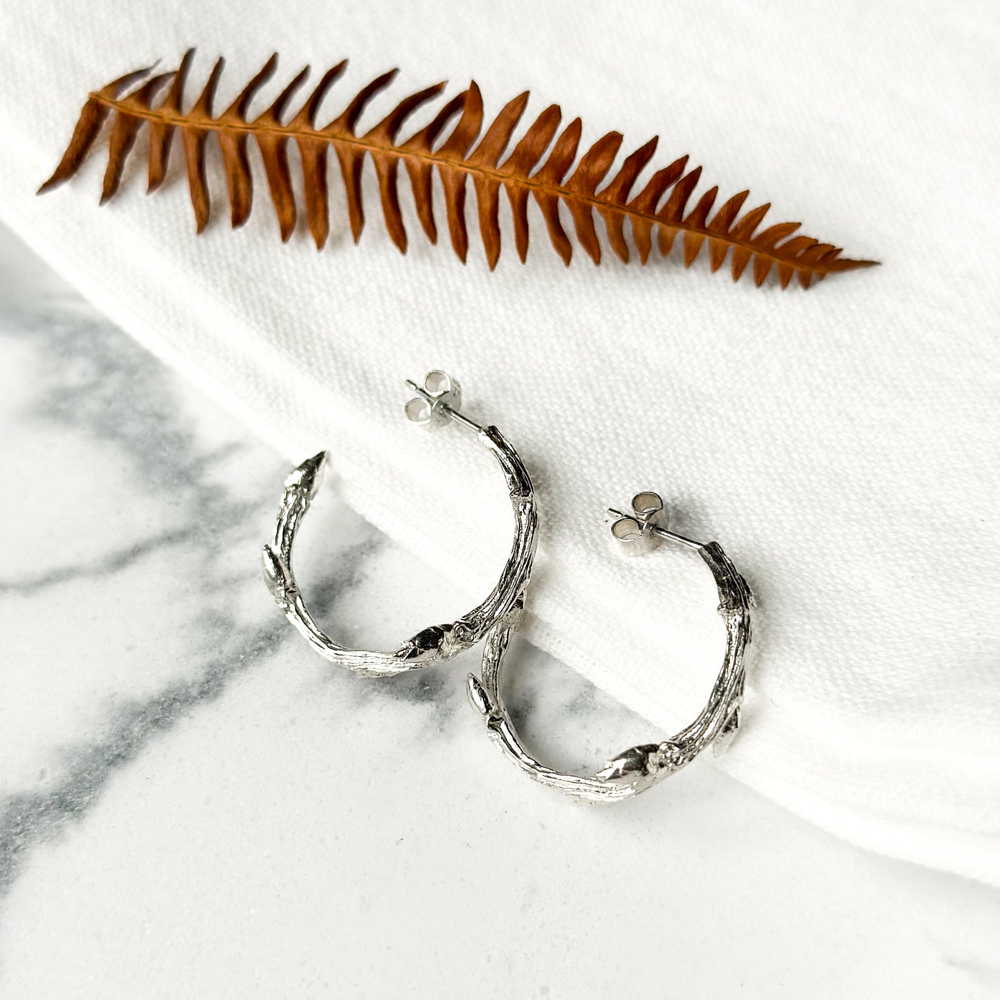 Silver Elm Twig Hoop Earrings