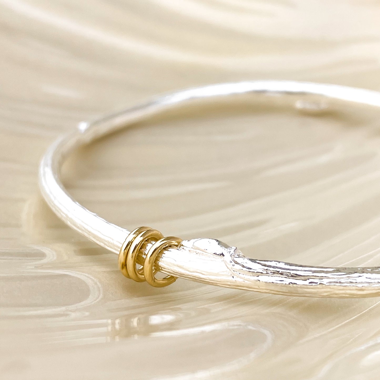 Personalised Rowan Twig Bangle with Solid Gold rings for special occasions
