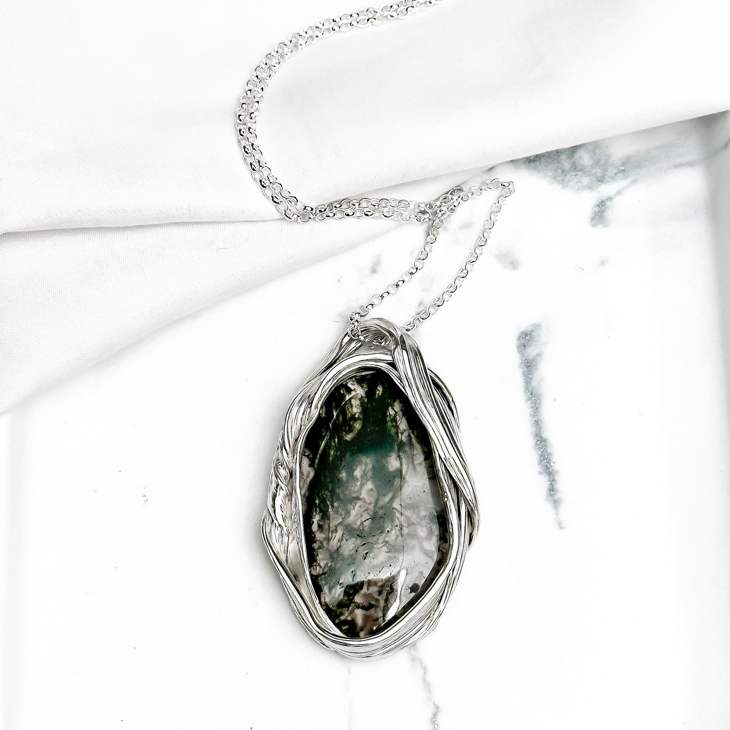 One of a Kind Long Sterling Silver Drift Necklace with Moss Agate