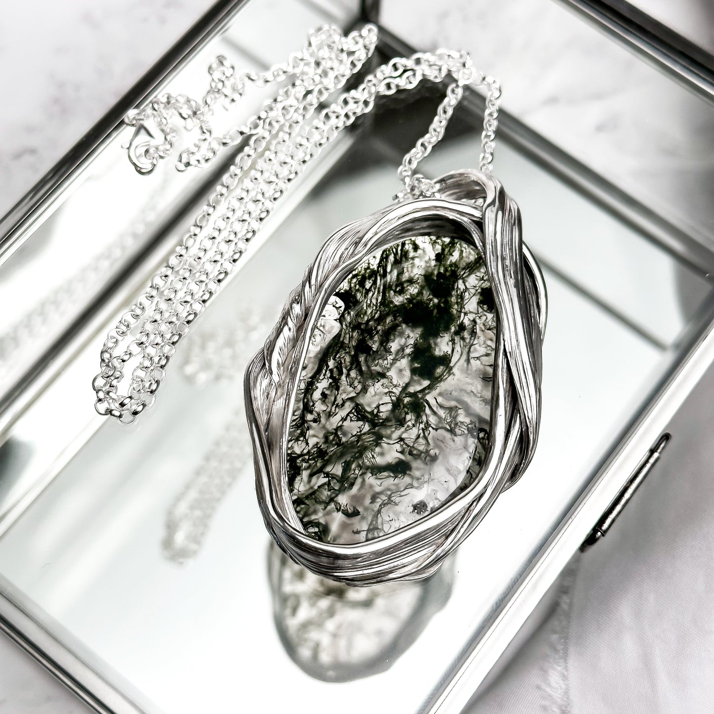 One of a Kind Long Sterling Silver Drift Necklace with Moss Agate