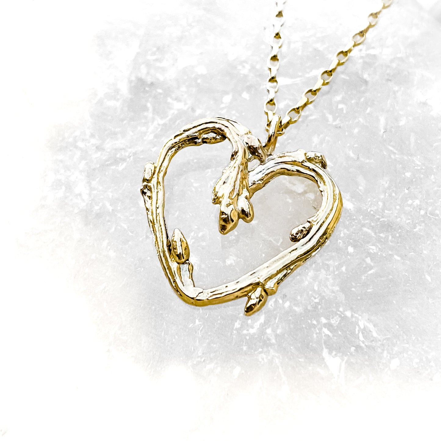 Yellow Gold Oak Twig Heart Necklace