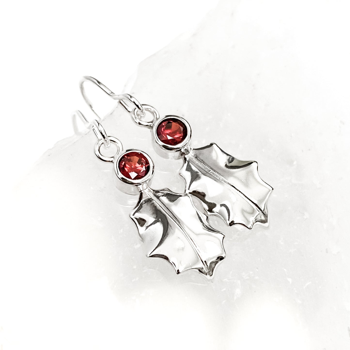 Sterling Silver Holly Leaf Earrings - Red, Green or Clear Gemstone