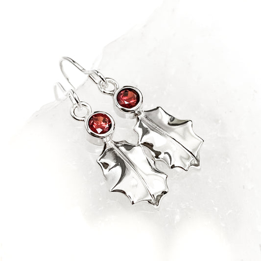 Sterling Silver Holly Leaf Earrings - Red, Green or Clear Gemstone