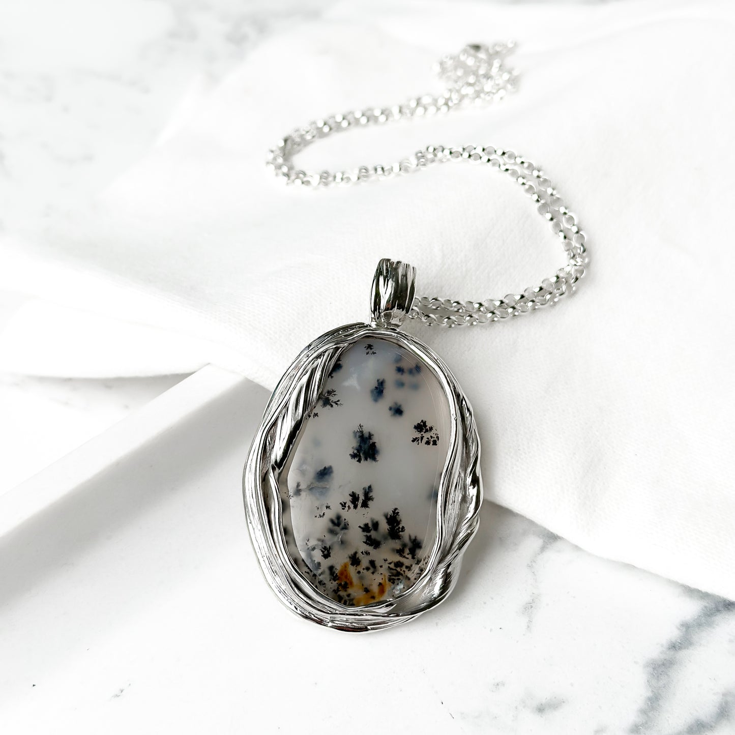 One of a Kind Long Sterling Silver Drift Necklace with Dendritic Agate