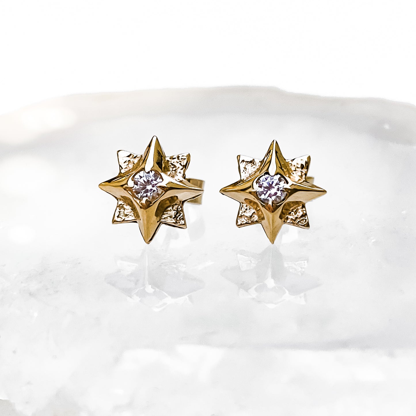 Gold North Star Stud Earrings with Moissanite